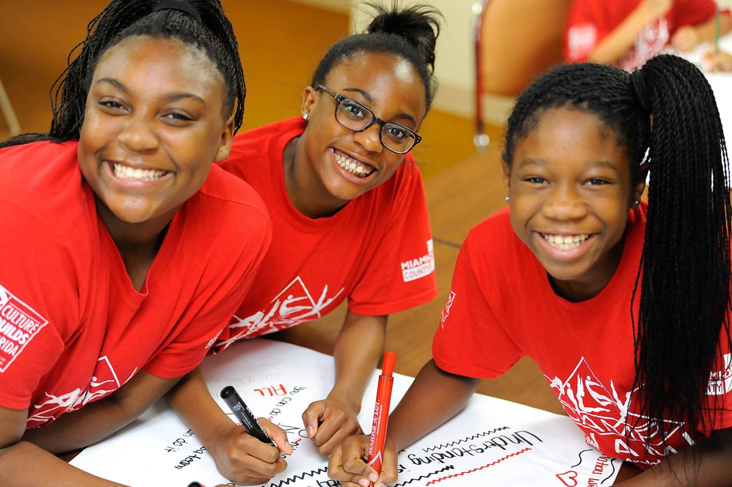 AileyCamp Miami students working on a poster and smiling.
